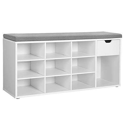 VASAGLE Shoe Bench, Storage Bench with Drawer and Open Compartments, Shoe Shelf, Padded Seat, for Entryway, Living Room, Bedroom, White and Gray ULHS24WT