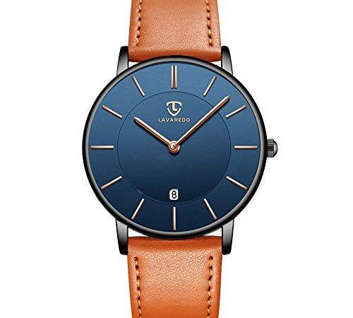 Watch, Mens and Womens Watch, Minimalist Fashion Simple Wrist Watch Analog Date with Leather Strap Orange Blue