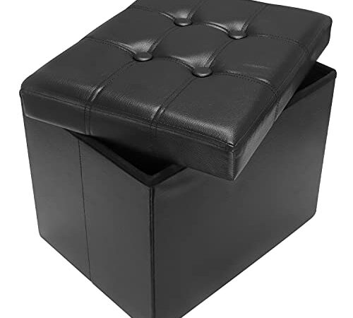 AmasSmile® Storage Ottoman Foot Rest Stool, 17 inch Leather Folding Footstool Bench, Short Ottoman Stool, Black Storage Foot Rest Store, Books, Records Support 330 lbs,Black