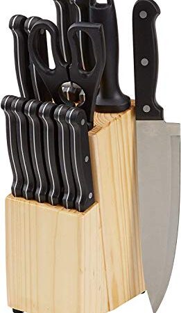 AmazonBasics 14-Piece Kitchen Knife Set with High-Quality Stainless-Steel Blades and Pine Wood Block