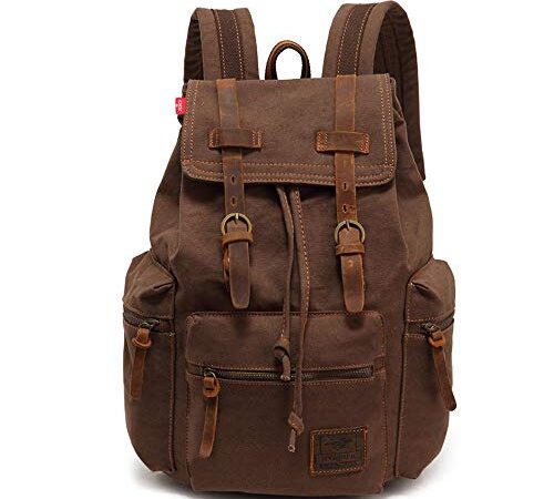 AUGUR Canvas Backpack,17 inch Laptop Backpack Vintage Canvas Leather Backpacks Casual School College Bag Pack Bookbag Hiking Travel Rucksack Daypack (L-Coffee)