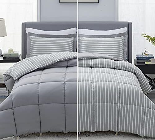 Bedsure Queen Size Comforter Set - Percale Stripes Down Alternative Grey Comforter Sets Box Stitching Gray Duvet Insert, All Season Bed Set with 2 Pillow Shams (Queen/Full, 88x88'', 3 Pieces)