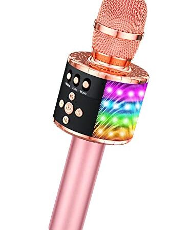 BONAOK Bluetooth Wireless Karaoke Microphone with Controllable LED Lights, Portable Handheld Karaoke Speaker Machine Christmas Birthday Home Party for PC or All Smartphone(Q78Rose Gold)