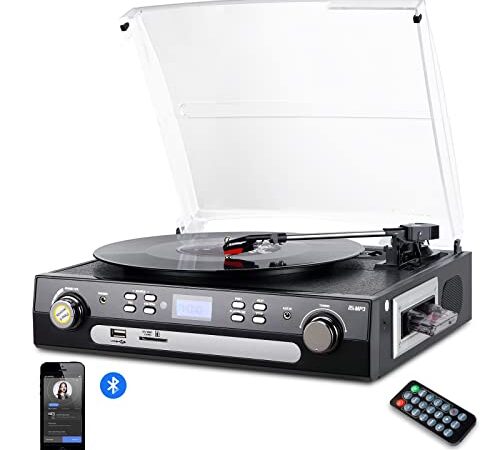 DIGITNOW Vinyl/LP Turntable Record Player, with Bluetooth,AM&FM Radio, Cassette Tape, Aux in, USB/SD Encoding & Playing MP3/ Built-in Stereo Speakers, 3.5mm Headphone Jack,Remote and LCD