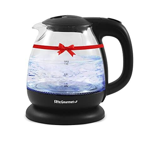 Elite Gourmet EKT1001 Electric BPA-Free Glass Kettle, Cordless 360° Base, Stylish Blue LED Interior, Handy Auto Shut-Off Function – Quickly Boil Water For Tea & More, Black, 1L