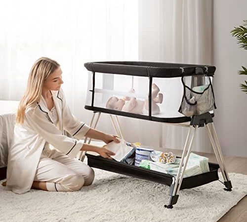 Fodoss Baby Bedside Bassinet with Wheels and Storage, All Mesh Easy Folding Bedside Crib with 7 Adjustable Height, Portable Baby Bed Co Sleeper Berceau Pour Bébé