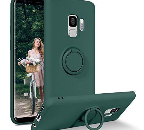 Galaxy S9 Case, DUEDUE Liquid Silicone Soft Gel Rubber Slim Cover with Ring Kickstand |Car Mount Function Shockproof Full Body Protective Anti Scratch Case for Samsung S9 for Women Men, Pine Green