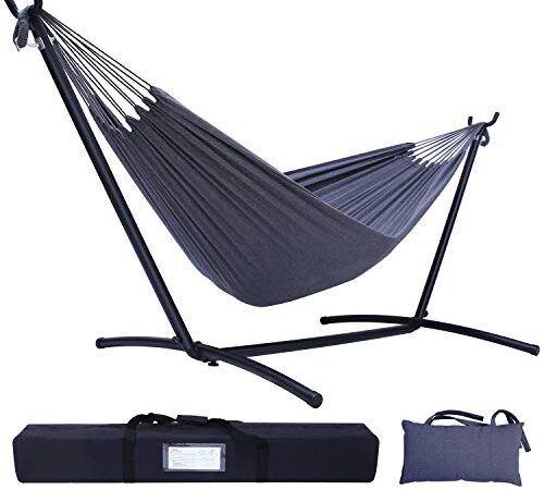 Hammock with Stand, Ohuhu Double Hammock with Space Saving Steel Stand & Pillow, 2-Person Hammock with Portable Carrying Bag, Camping Hammock for Outdoor, Grey, Gift for Parents Family for Christmas