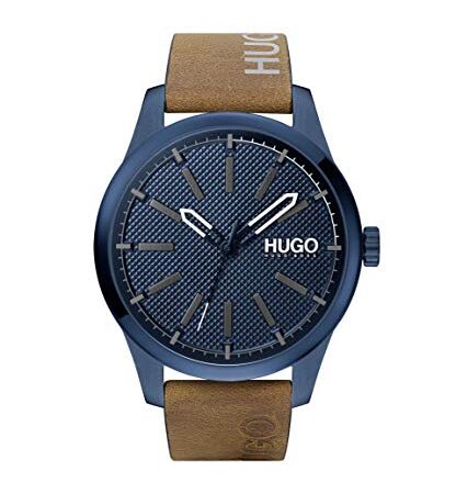 HUGO #Invent Men's Quartz Stainless Steel Watch with Brown Leather Strap, Blue, 22, Brown, Quartz Watch