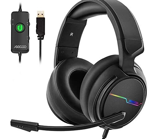 Jeecoo USB Pro Gaming Headset for PC - 7.1 Surround Sound Headphones with Noise Cancelling Microphone- Memory Foam Ear Pads RGB Lights for Laptops