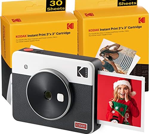 Kodak Mini Shot 3 Retro 2-in-1 Portable 3x3” Wireless Instant Camera & Photo Printer, Compatible with iOS, Android & Bluetooth, Real Photo HD 4Pass Technology & Laminated Finish – White – 60 Sheets