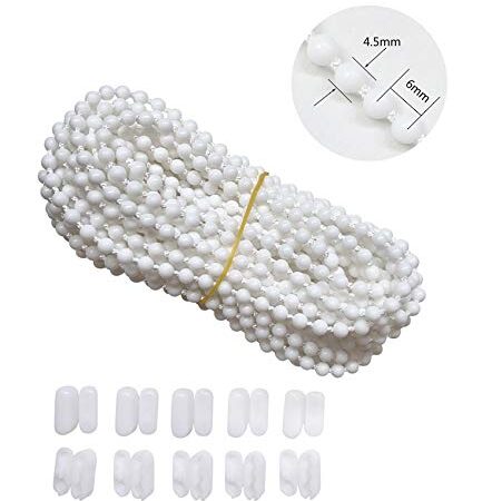 Luanxu 10 Meters (10.94 Yards) with 10 PCS of Connectors for Roller Blind Bead Chain Cord Roman Venetian Honeycomb Vertical Shade Blind Cord for Roller Blind Replacement Parts Repair Fittings (White)