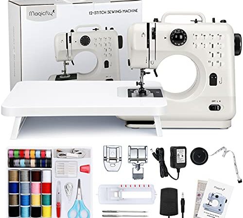 Magicfly Portable Sewing Machine with Back Sewing, 12 Built-in Stitches Mini Sewing Machine for Beginner, 3 Replaceable Feet, Extension Table, Accessory Kit, White