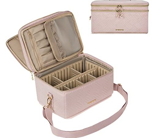 Medium Makeup Bag, BAGSMART Double Layer Large Cosmetic Makeup Organizer Travel Makeup Train Case with Shoulder Strap for Cosmetics Makeup Brushes Toiletries Travel Accessories (Pink)