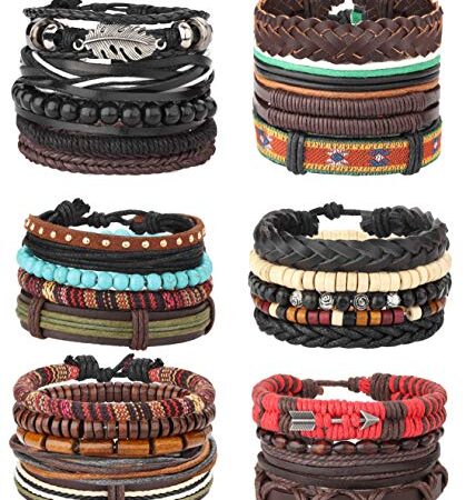 MILACOLATO 26Pcs Woven Braided Leather Bracelet for Men Women Hemp Cords Wood Beads Cuff Bracelets Adjustable Black