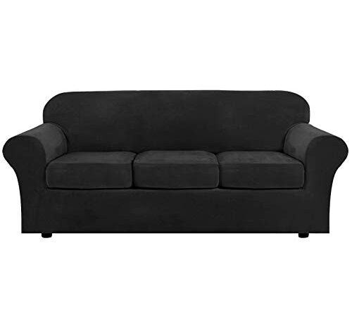 Modern Velvet Plush 4 Piece High Stretch Sofa Slipcover Strap Sofa Cover Furniture Protector Form Fit Luxury Thick Velvet Sofa Cover for 3 Cushion Couch, Machine Washable(Sofa,Black)