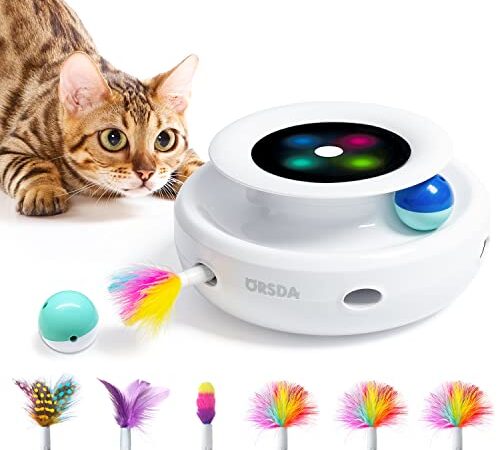 ORSDA 2in1 Cat Toys for Indoor Cats, Auto On/Off Cat Toy Balls Track, Ambush Feather Kitten Toys with 6pcs Attachments Dual Power Supplies (Bright White) Jouet Pour Chat