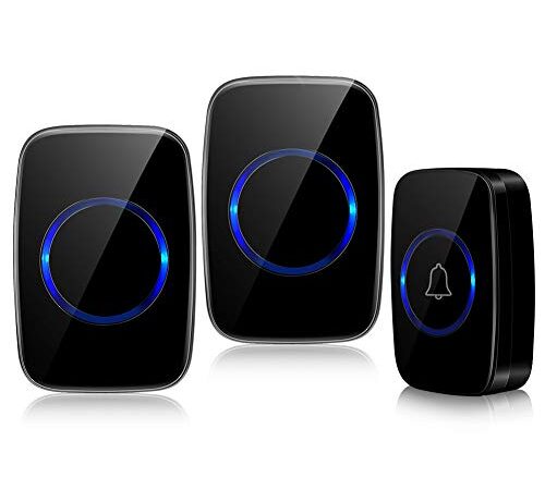 Ring Doorbell Kit, Wireless Doorbell, 2 Waterproof Receiver and 1 Battery Operated Push Buttons Transmitter 1000 Feet Operating Range, 5 Levels Volume with Silence LED Flash Mode, 60 Melodies, Black