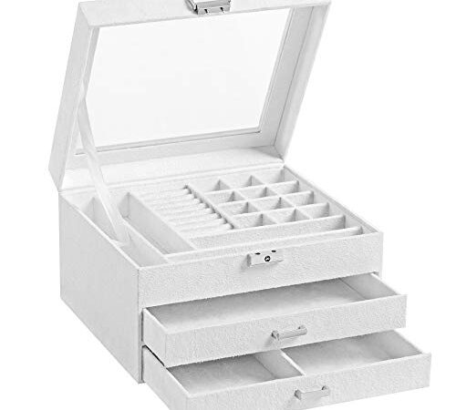 SONGMICS Jewelry Box with Glass Lid, 3-Tier Jewelry Organizer and Display Case, Varying Compartments, Velvet Liner, Lock and Key, Gift for Loved Ones, White UJBC158W01