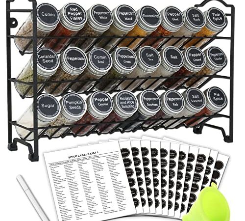 SWOMMOLY Spice Rack Organizer with 24 Empty Round Spice Jars, 396 Spice Labels with Chalk Marker and Funnel Complete Set, for Countertop, Cabinet or Wall Mount