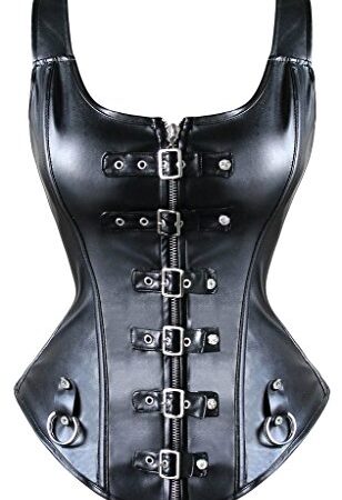 YIANNA Steampunk Punk Rock Faux Leather Buckle-up Corset Bustier Basque Top, YA1412-Black-M