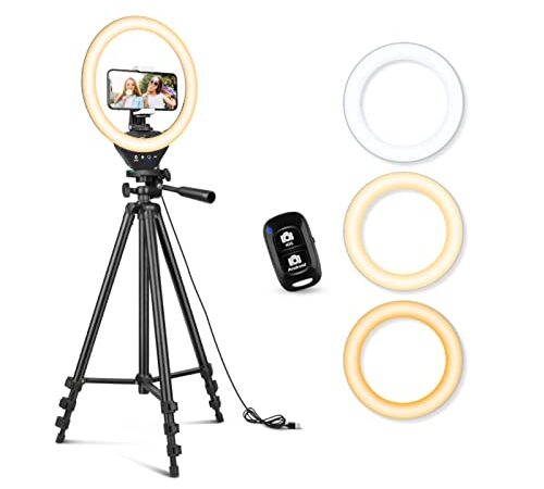 10'' Ring Light with 50'' Extendable Tripod Stand, Sensyne LED Circle Lights with Phone Holder for Live Stream/Makeup/YouTube Video/TikTok, Compatible with iPhone/Android (Black)