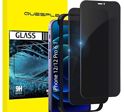 [2 Pack] QUESPLE Anti Spy Privacy Screen Protector for iPhone 12/iPhone 12 Pro(6.1 ''), Ture 28° Anti Peeping-[Easy Installation Frame] HD [Bubble Free] Privacy Tempered Glass Film