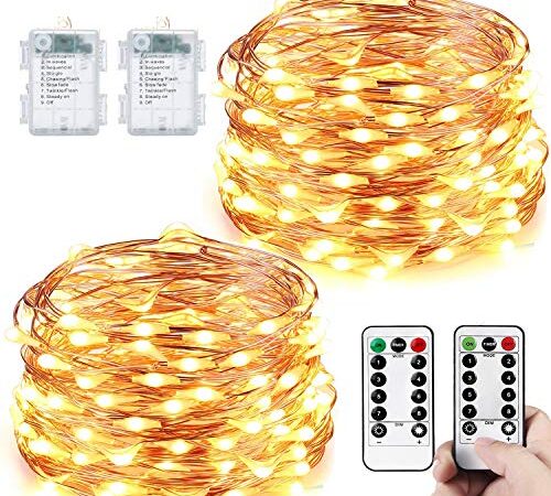 [2 Packs] Fairy Lights Outdoor Waterproof, LeMorcy 33ft 100LED Battery Powered String Lights with 8 Modes Remote, Copper Wire Twinkle Lights Outdoor Starry String Lights for Bedroom Garden Gazebo Backyard Patio Pool Boat Deck Xmas Décor