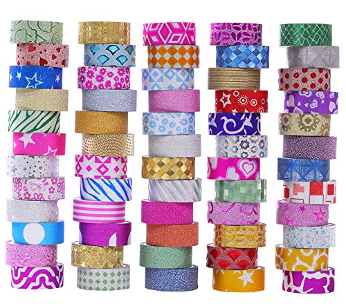 60 Rolls Glitter Washi Tape Set, Washi Masking Decorative Tapes for DIY Decor Planners Scrapbooking Adhesive School/Party Supplies