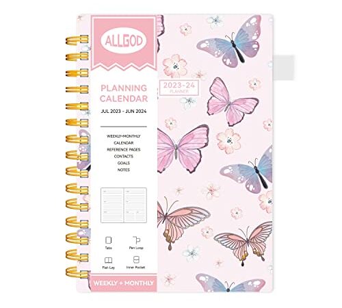 Allgod 2023-2024 Planner Weekly & Monthly Agenda Book Yearly Calendar Planning To Do List Notebook, Jul 2023- Jun 2024 with Monthly Tabs, Inner Pocket,Waterproof Cover,Pen Loop,Spiral Bound(Pink Butterfly,A5)
