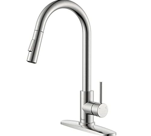 APPASO Modern Kitchen Faucet with Pull Down Multi-Flow Sprayer Brushed Nickel, Single-Handle High Arc Swan-Neck Kitchen Sink Faucet with Optional Deck Plate, Stainless Steel, AP-APS209-BN