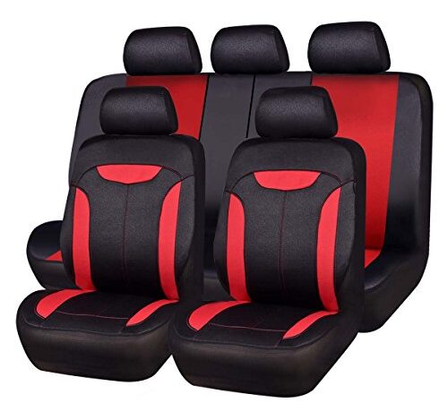 CAR PASS Montclair 11PCS Universal Fit Breathable Leather Look Fabric Car Seat Covers ,fit for suvs,Trucks,sedans,Cars,Vehicles,Vans,Airbag Compatible (Full Set, Black Red)