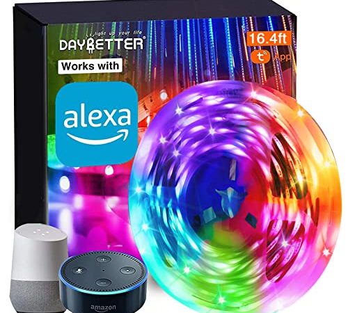 DAYBETTER LED Lights, 16.4ft Smart WiFi LED Light Strips Work with Alexa and Google Assistant, Voice App Remote Control Music Sync Color Changing RGB LED Lights Strip for Bedroom TV Home Kitchen Décor