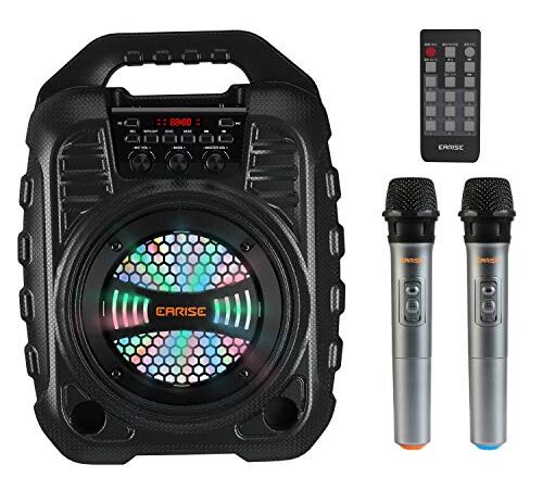 EARISE T26 Pro Karaoke Machine with 2 Wireless Microphones, Portable PA System Bluetooth PA Loudspeaker with LED Lights, Audio Recording, FM Radio, Remote Control, Supports TF Card/USB/AUX