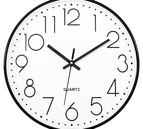 Foxtop Black Wall Clock Silent Non Ticking 12 Inch Quartz Battery Operated Round Clock Easy to Read for Office Classroom School Home Living Room Bedroom Kitchen Decor