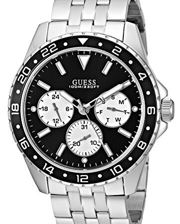 GUESS Stainless Steel + Black Bracelet Watch with Day, Date + 24 Hour Military/Int'l Time. Color: Silver-Tone