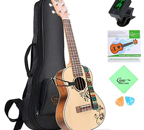 Hricane Concert Ukulele 23 Inch Spruce Flower Top Sapele Professional Ukeleles for Beginners with Bag & Digital Tuner & Strap & 4 Strings Set & Pick & Cleaning Cloth