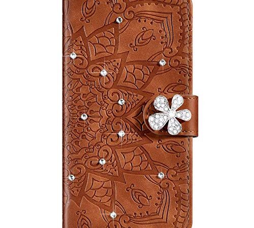 IKASEFU Compatible with Xiaomi Redmi Note 7 Case Glitter Rhinestone Crystal Emboss Flower Pattern Pu Leather Diamond Bling Wallet Strap Case with Card Holder shockproof Magnetic Flip Cover Brown