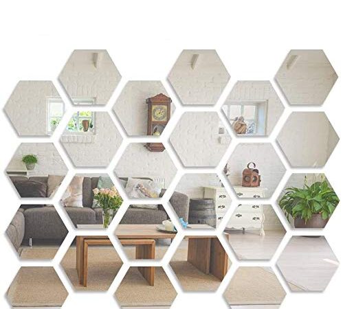 Mirror Wall Sticker, LYGZTing 24 PCS Removable Acrylic Mirror Stickers DIY Wall Decor Mirror Hexagon Wall Sticker Non Glass Mirror for Living Room Bedroom Easter Decor (2.6x4.4x5inch)