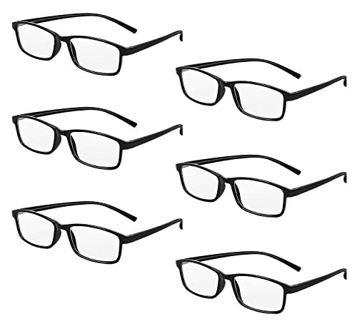 MoKo 6-Pack Reading Glasses Blue Light Blocking, Plastic Full Frame Spring Hinge Readers Lightweight Eyeglasses for Men Women (Black, 2.0)