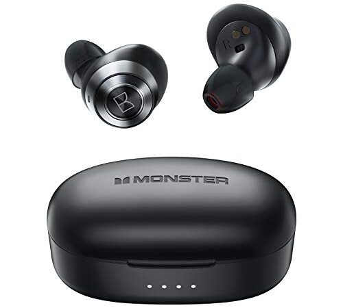 Monster Achieve 100 AirLinks Wireless Earbuds, Super Fast Charge, Bluetooth 5.0 in-Ear Stereo Headphones with USB-C Charging Case, Built-in Mic for Clear Calls, Water Resistant Design for Sports.