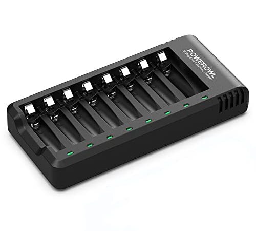 POWEROWL 8 Bay AA AAA Battery Charger (USB High-Speed Charging, Independent Slot) for Ni-MH Ni-CD Rechargeable Batteries (No Adapter)