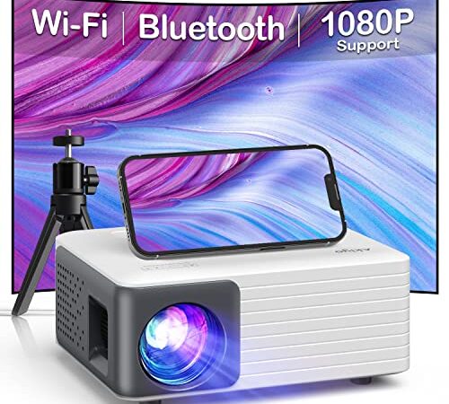 Projector with WiFi Bluetooth W/Tripod, AKIYO Mini Projector Support 1080P Full HD Portable Movie Projector, Phone Projector Compatible with iOS Android Laptop TV Stick HDMI PS5