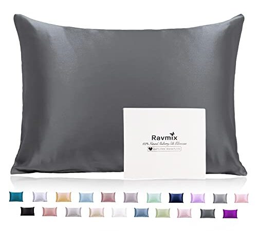 Ravmix 100% Mulberry Silk Pillowcase for Hair and Skin with Hidden Zipper, Both Sides 21Momme Silk, Standard Size 20×26 inches, 1PCS, Space Gray