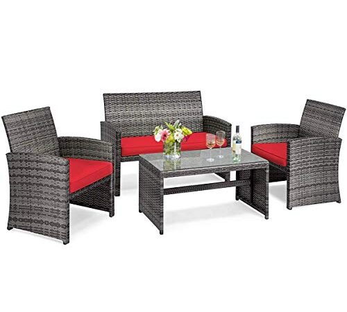 Tangkula Wicker Patio Conversation Set, Outdoor Rattan Sofas with Table Set, Patio Furniture Set with Soft Cushions & Tempered Glass Coffee Table for Poolside Courtyard Balcony (1, Red)
