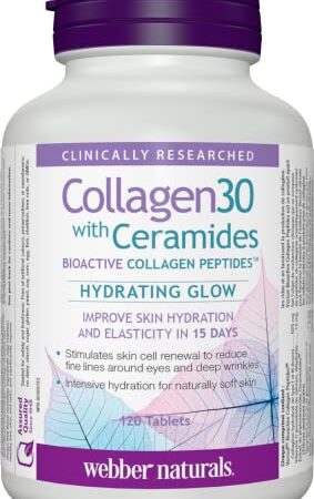 Webber Naturals Collagen30 with Ceramides, Bioactive Collagen Peptides, 120 Tablets, Hydrating Glow, Helps Improve Skin Hydration, Elasticity & Smoothness