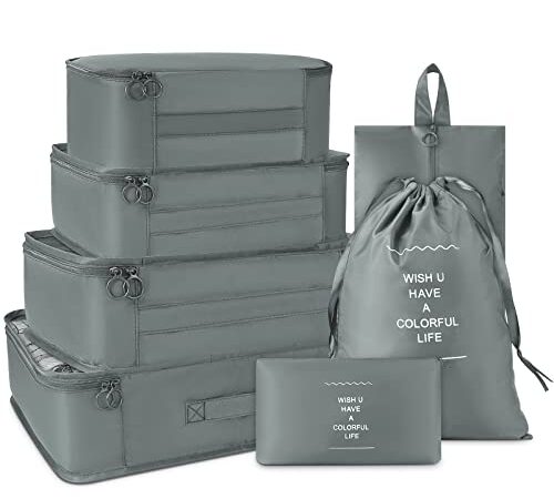 7 Set Packing Cubes Travel Organizer Set Fordable Compression Suitcase Packing Cubes Waterproof Luggage Organizer with Shoe Bag & Laundry Bag,Grey