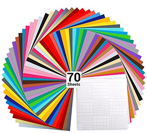 70 Vinyl Sheets, Ohuhu Permanent Adhesive Backed Vinyl Sheet Set for Cricut, 60 Vinyl Sheets 12" x 12" + 10 Transfer Tape Sheets, 30 Color Sheet for Birthday Party Decoration, Sticker, Craft Cutter, Car Decal