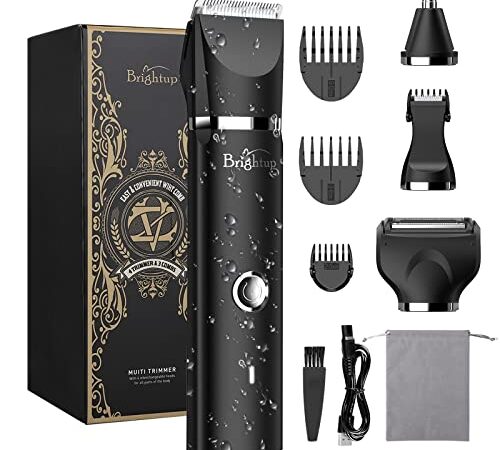 Brightup Body Hair Trimmer for Men, IPX7 Waterproof Wet/Dry Pubic Ball Nose Hair Facial Shaver with LED Light, Electric Razor Men with 4 Replaceable Blade Heads & Storage Bag, Mens Gifts, YP-7017