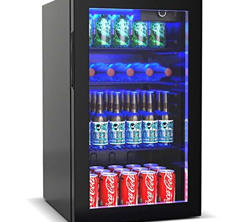 COSTWAY Beverage Refrigerator and Cooler - 120 Can Mini Fridge with Glass Door, Removable Shelves for Soda Beer Wine, Small Drink Refrigerator for Home Office Bar, 3.2 cu.ft.